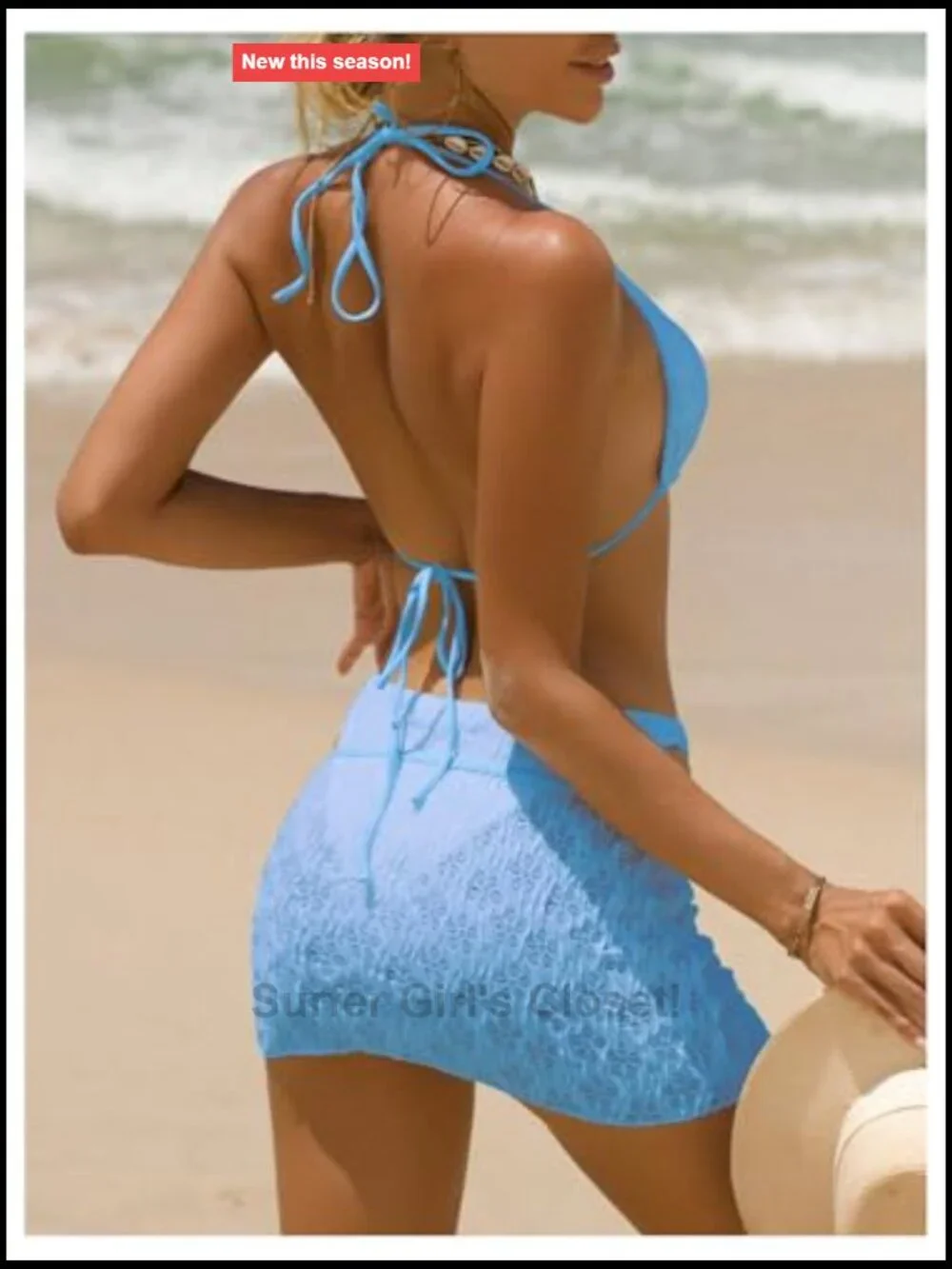 3 Piece Textured Thong Bikini Set Triangle String Halter Swimsuit with Cover Up - Picture 2 of 5